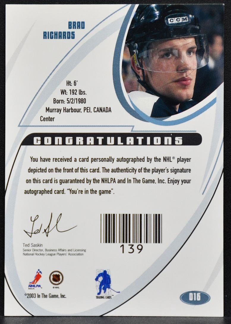 2003-04 In The Game Signature Brad Richards 016 Tampa Bay Lightning Auto