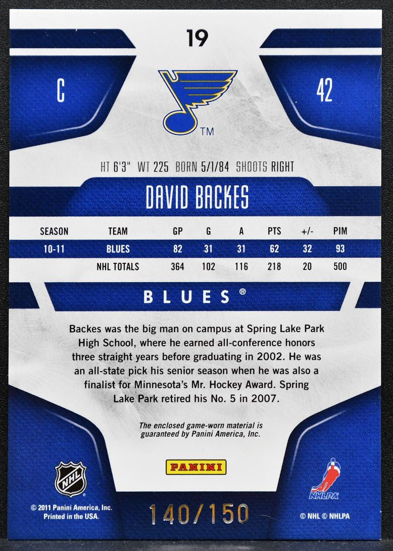 2011-12 Panini Certified Mirror Red Materials Dual David Backes Jersey 3179