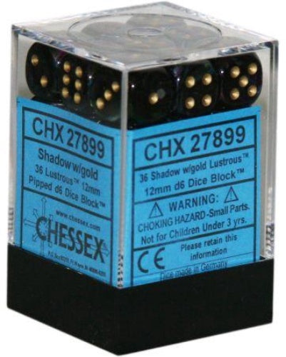 Lustrous 36 * D6 Shadow / Gold 12mm Chessex Dice (CHX27899)