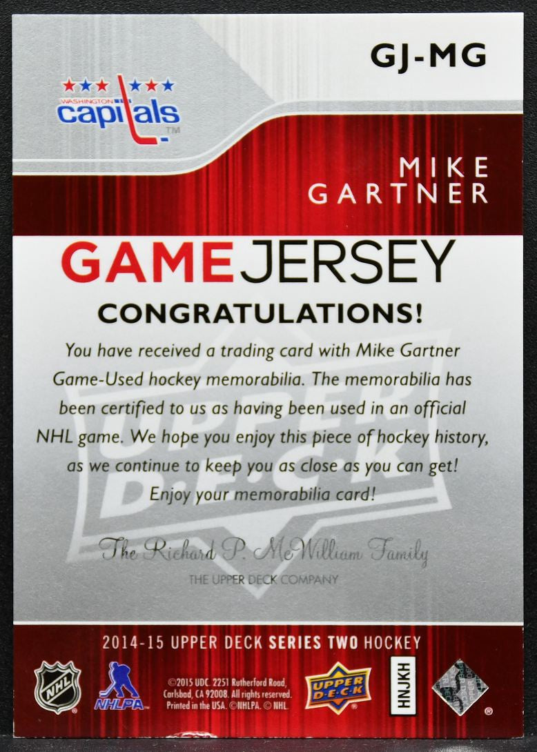 2014-15 Upper Deck Series 2 Game Jerseys Mike Gartner GJ-MG Capitals Jersey 2044