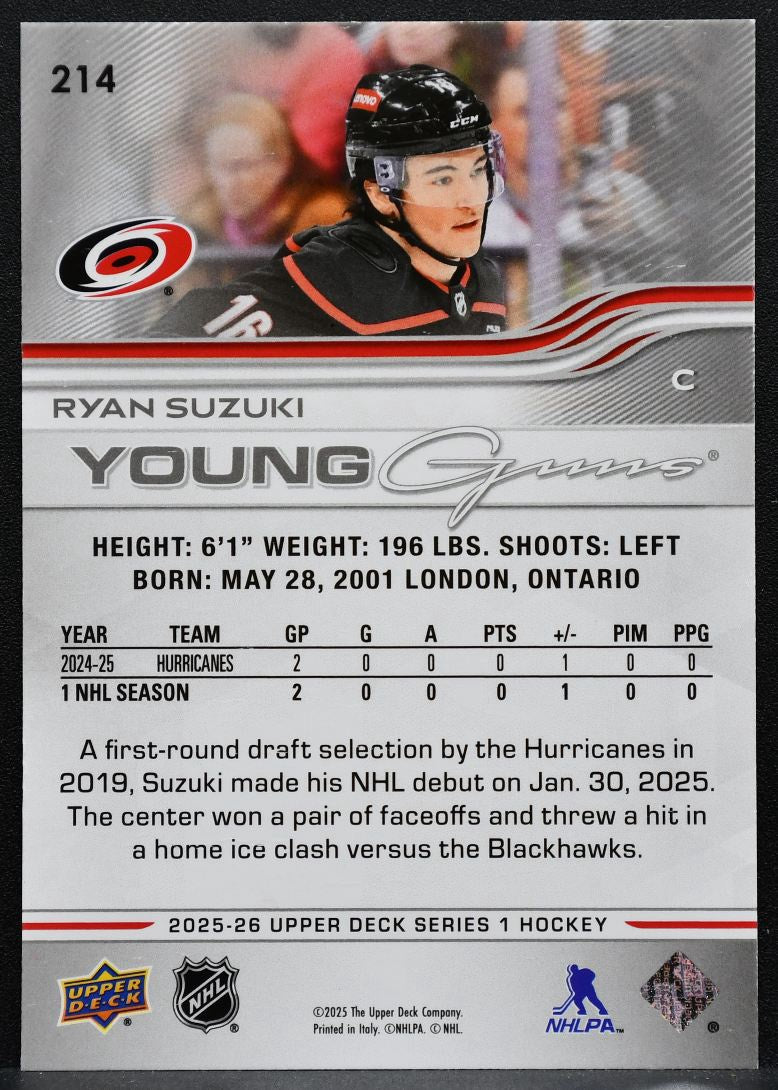 2025-26 Upper Deck Series 1 Young Guns Ryan Suzuki 214 Hurricanes RC 5654