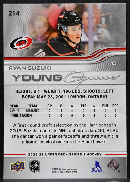 2025-26 Upper Deck Series 1 Young Guns Ryan Suzuki 214 Hurricanes RC 5654