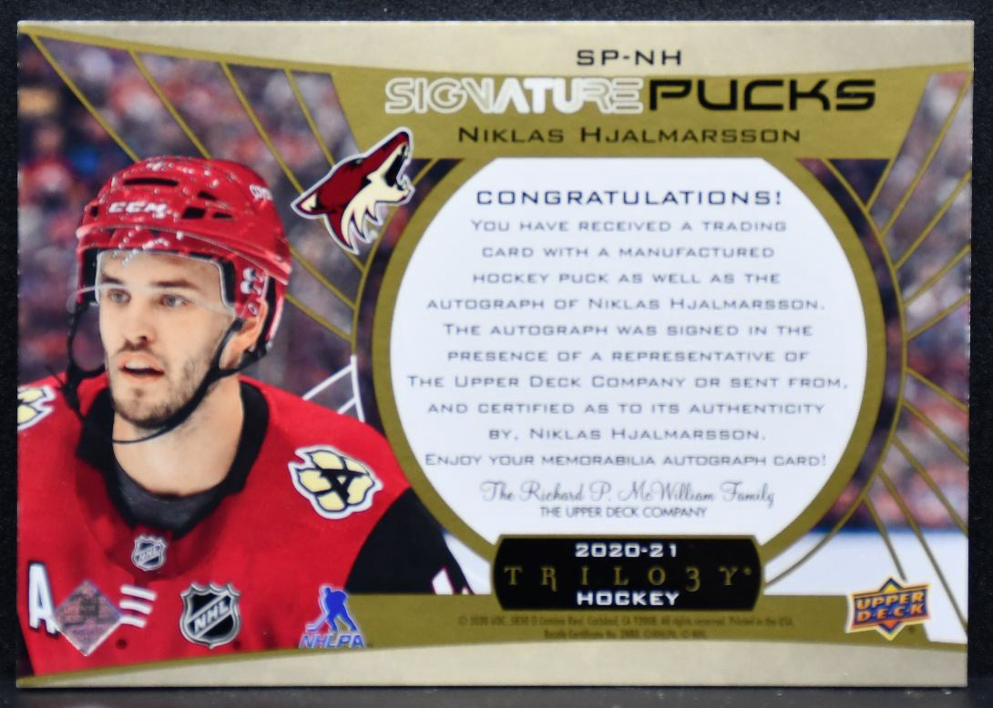 2020-21 UD Trilogy Signature Pucks Niklas Hjalmarsson Arizona Coyotes Auto 3661