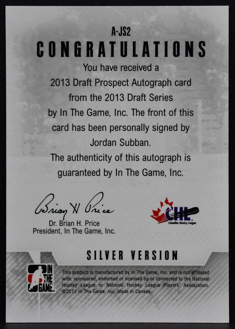 2013-14 ITG Draft Series Prospect Subban A-JS2 Belleville Bulls Auto 7594