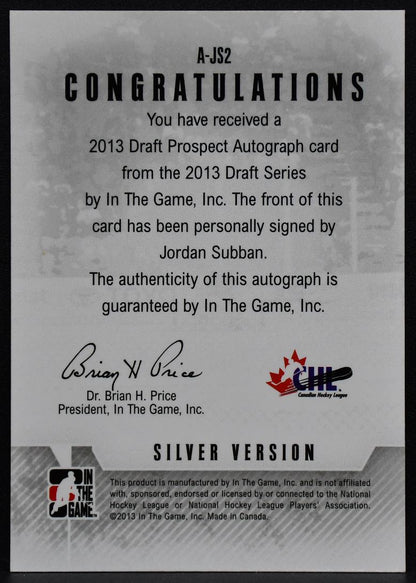 2013-14 ITG Draft Series Prospect Subban A-JS2 Belleville Bulls Auto 7594