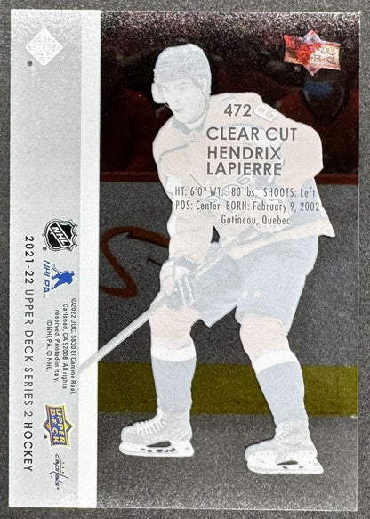 2021-22 UD Young Guns Clear Cut Hendrix Lapierre 472 Washington Capitals RC