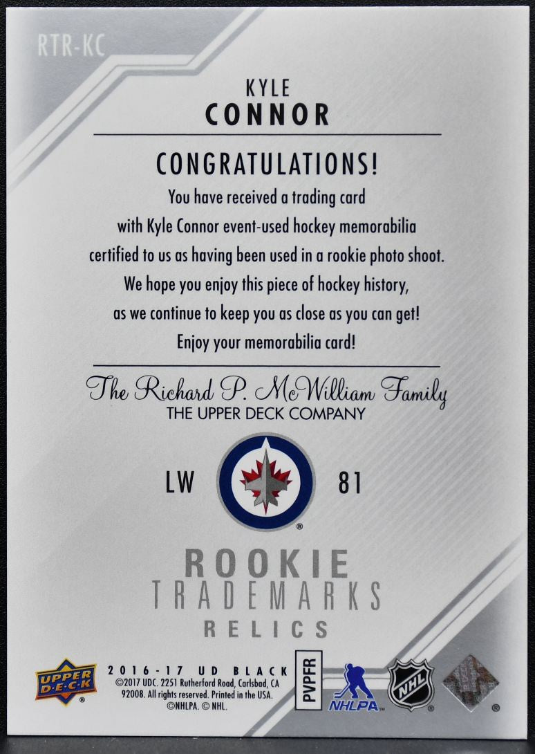 2016-17 UD Black Rookie Trademarks Relics Kyle Connor RTR-KC RC Jersey 1069