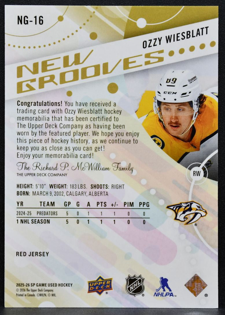 2025-26 SP Game Used New Grooves Red Ozzy Wiesblatt Predators RC Jersey 6289