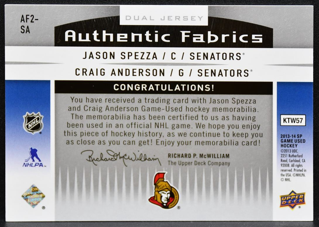 2013-14 SP Used Dual Authentic Fabrics Spezza / Anderson Senators Jersey 3442