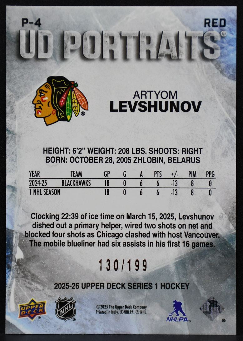 2025-26 UD Series 1 Portraits Red Artyom Levshunov P-4 Chicago Blackhawks /199 1091