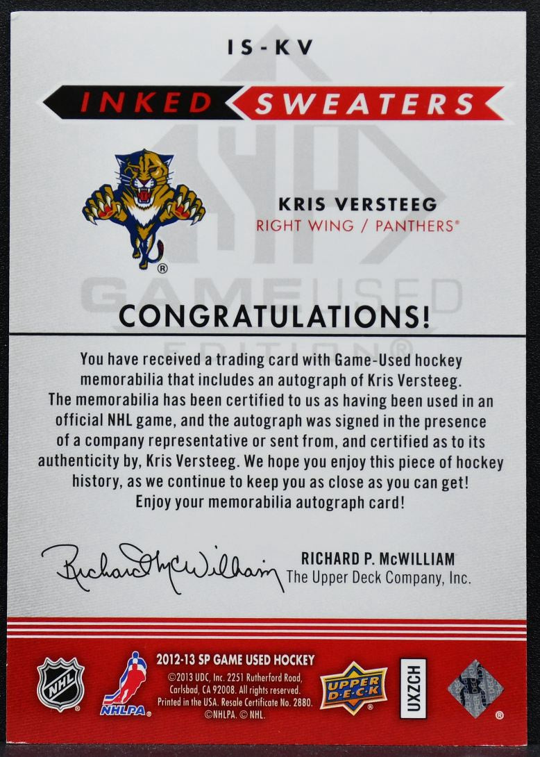 2012-13 SP Game Used Inked Sweaters Kris Versteeg IS-KV 10/25 Jersey 0640