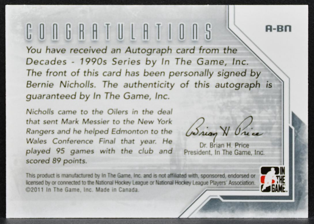 2010-11 In The Game Decades 1990s Autographs Bernie Nicholls Oilers Auto 2540