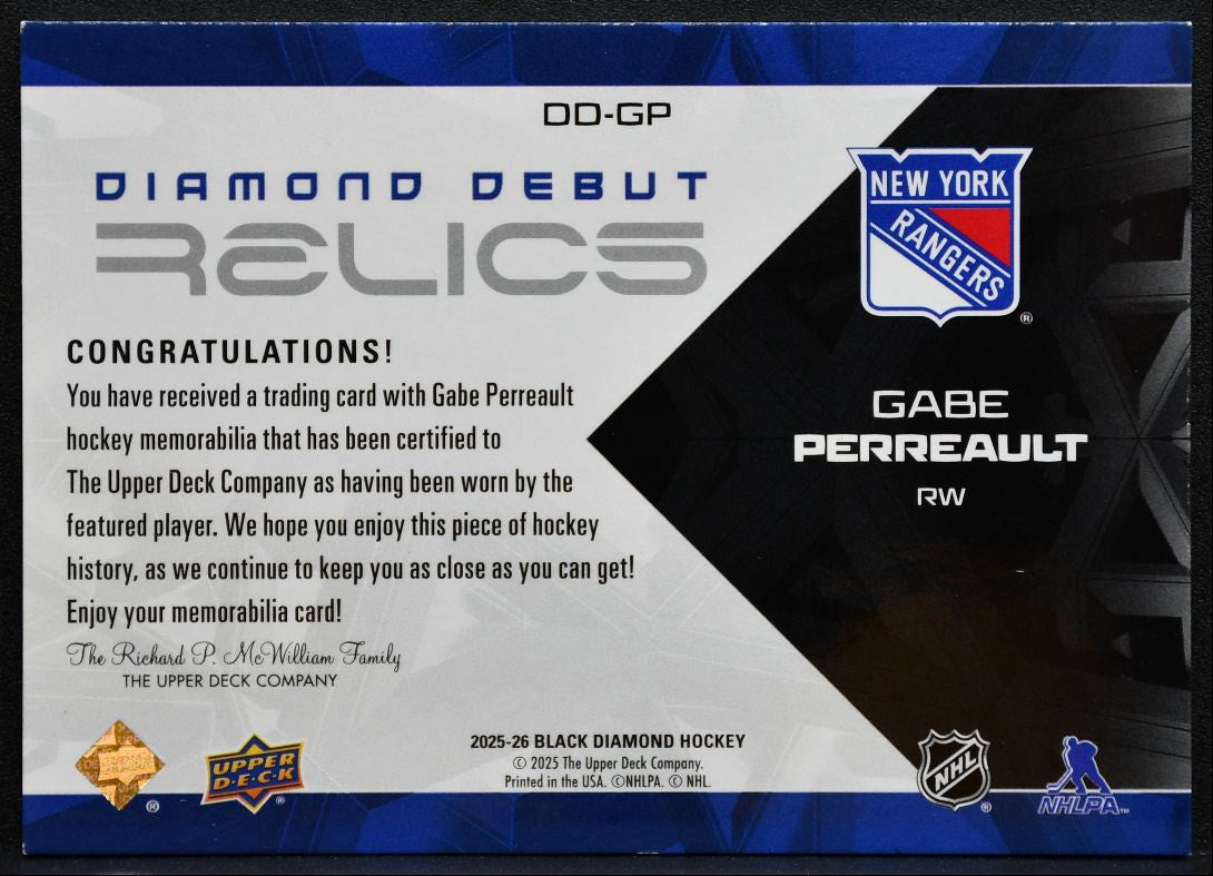 2025-26 UD Black Diamond Debut Relics Gabe Perreault Rangers RC Jersey 0832