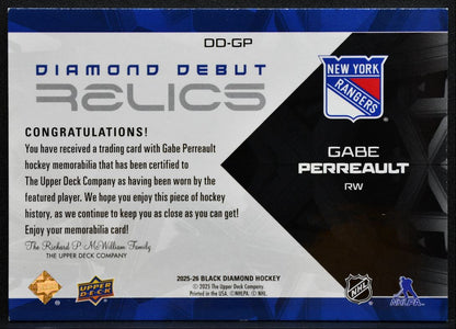 2025-26 UD Black Diamond Debut Relics Gabe Perreault Rangers RC Jersey 0832