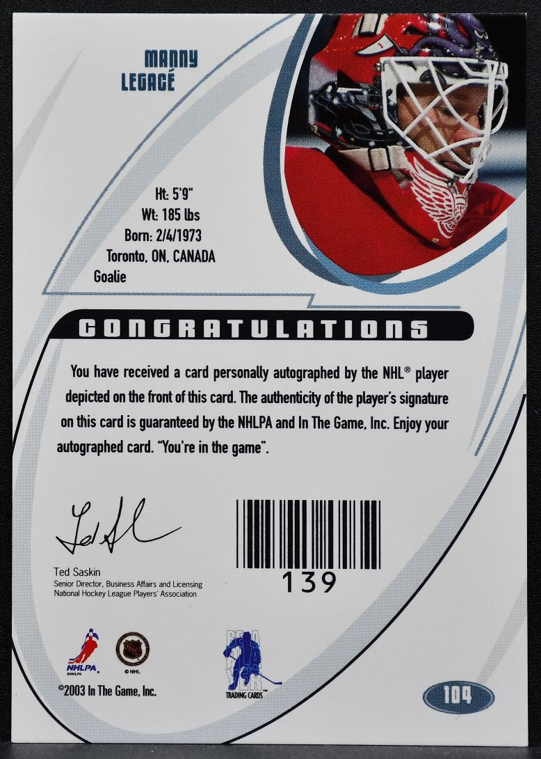 2002-03 Be a Player Signature Series Autos Gold Manny Legace Red Wings Auto 1009