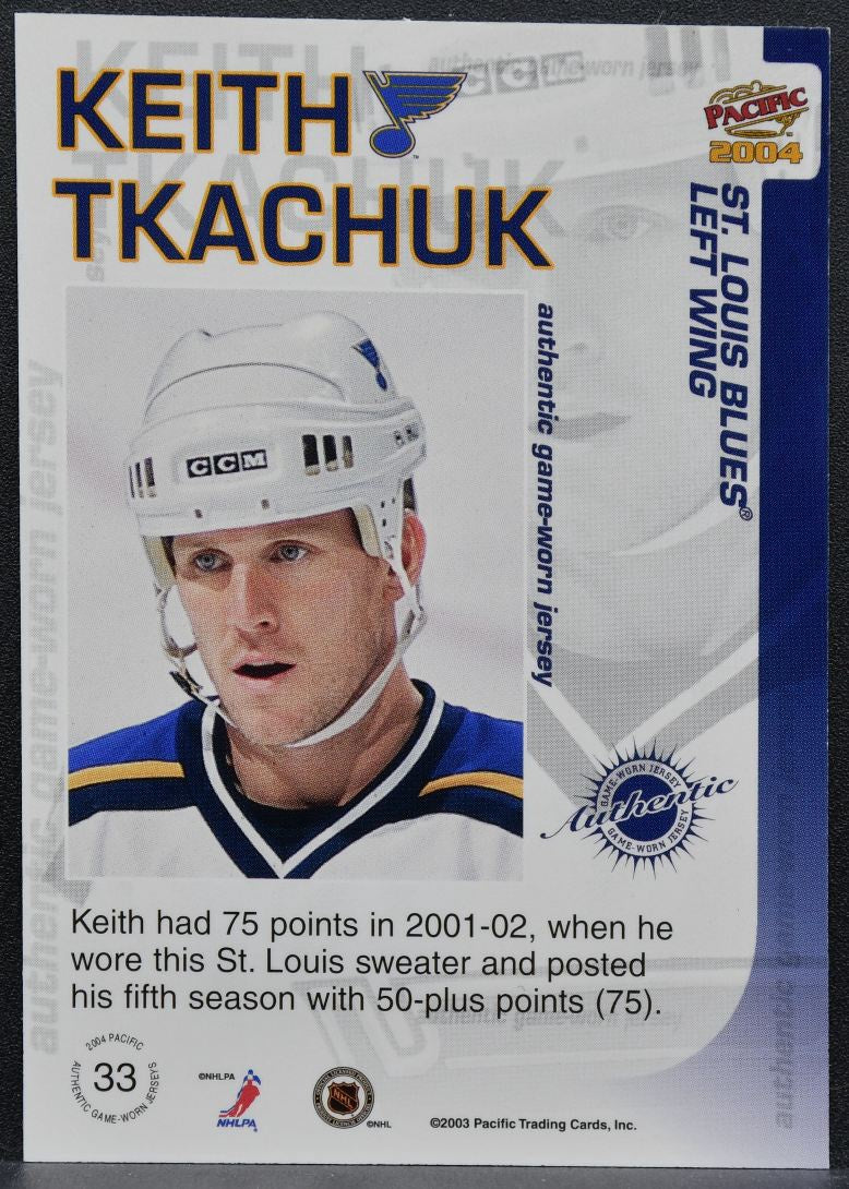 2003-04 Pacific Jersey Keith Tkachuk 290 St. Louis Blues Jersey 3421