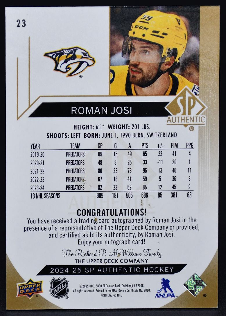 2024-25 SP Authentic Limited Roman Josi 23 Auto