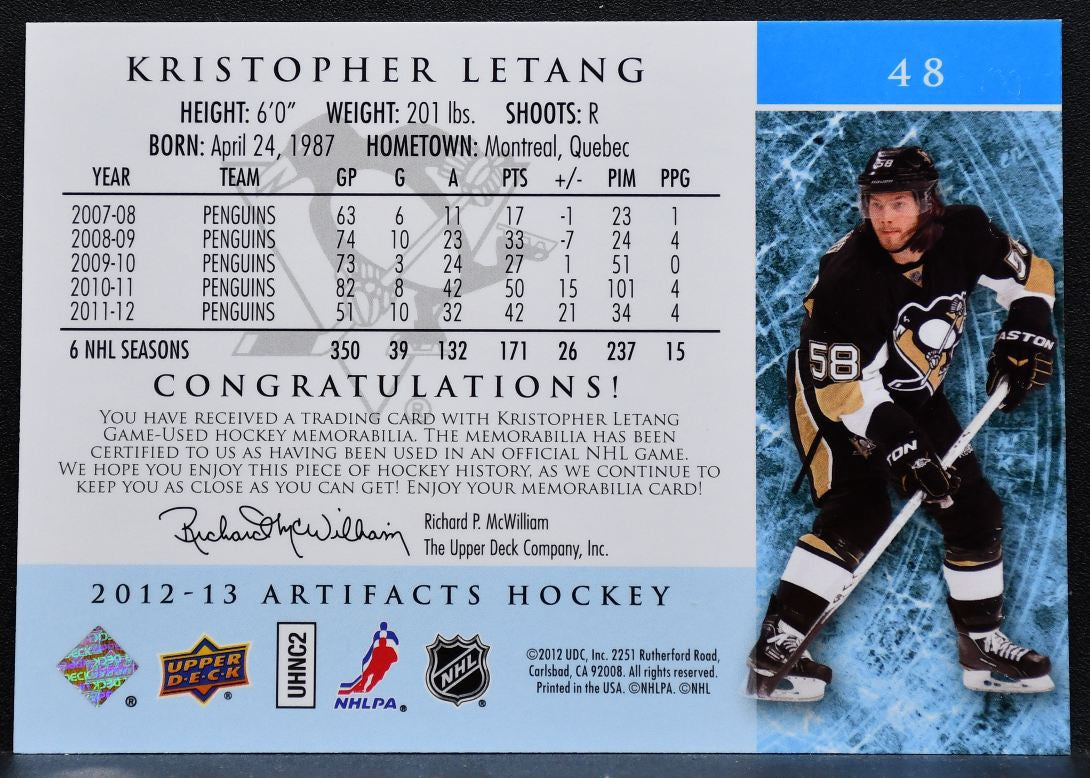 2012-13 UD Artifacts Material Silver Kristopher Letang Penguins Jersey 9938