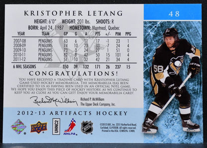 2012-13 UD Artifacts Material Silver Kristopher Letang Penguins Jersey 9938