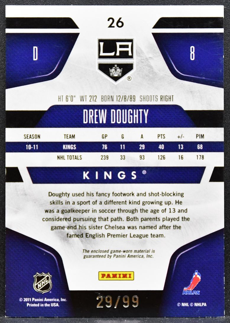 2011-12 Panini Certified Mirror Blue Drew Doughty 26 Kings 29/99 Jersey 9837
