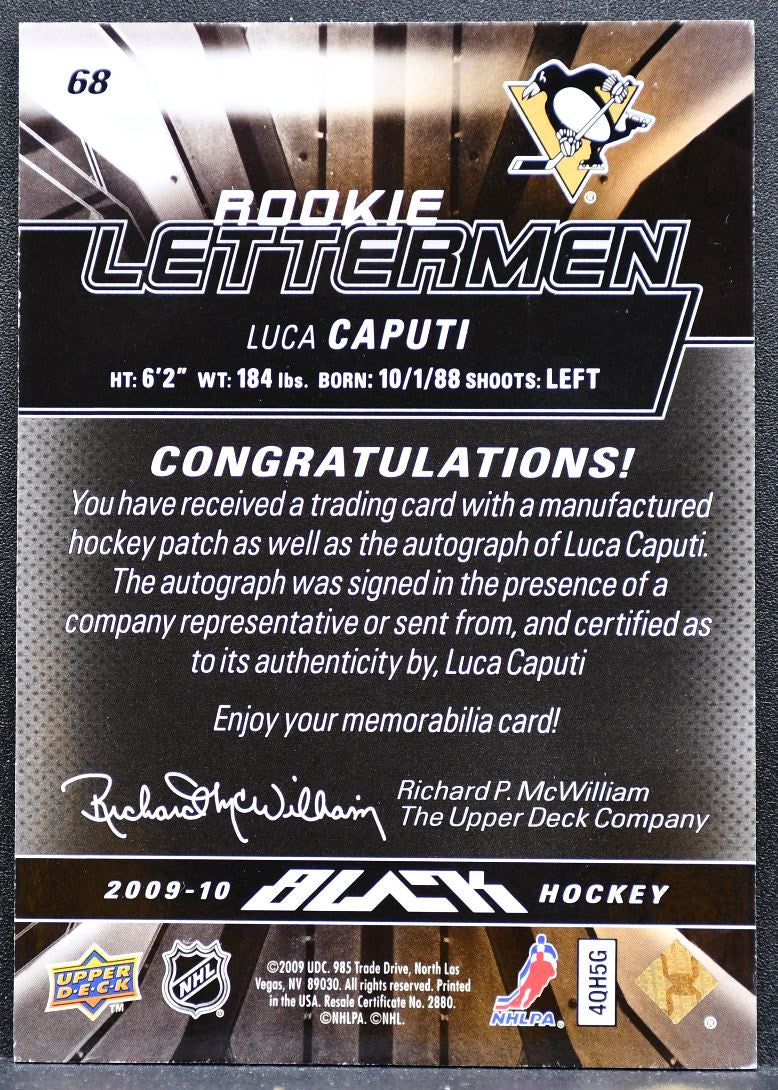 2009-10 UD Black Rookie Lettermen Luca Caputi Penguins RC Auto Patch 0071