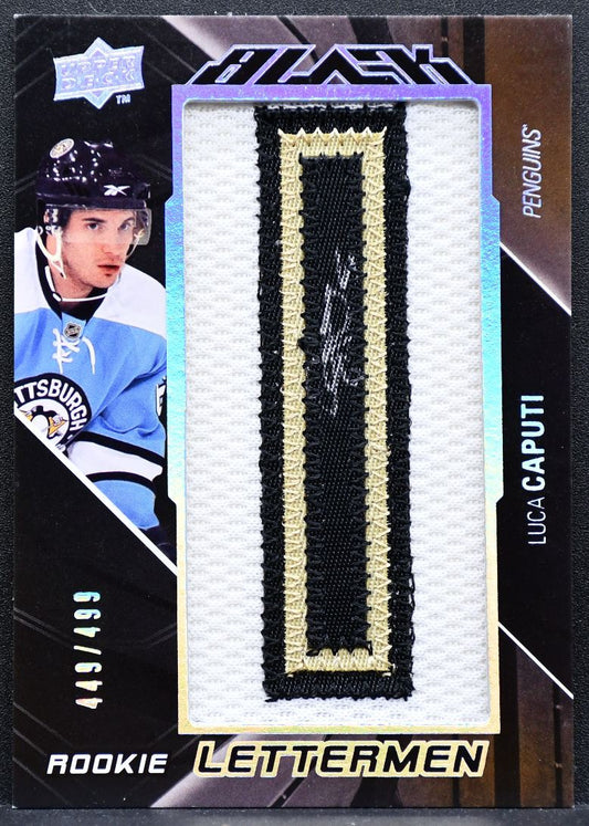 2009-10 UD Black Rookie Lettermen Luca Caputi Penguins RC Auto Patch 0071