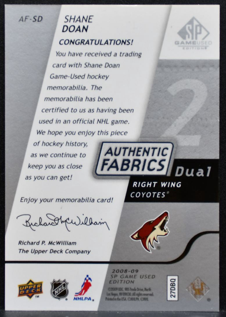 2008-09 SP Game Used Authentic Fabrics Dual Shane Doan Jersey 8413