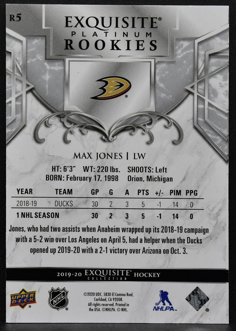 2019-20 UD Ice Exquisite Collection Platinum RCs Max Jones R5 Ducks RC 393/399 8686