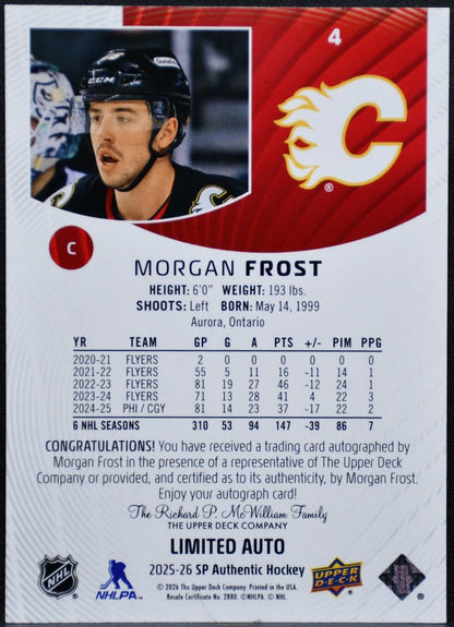 2025-26 SP Game Used Gold Limited Auto Morgan Frost 4 Calgary Flames Auto 6025