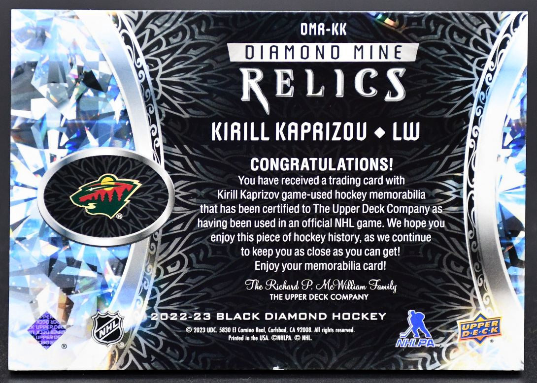 2022-23 UD Black Diamond Diamond Mine Relics Kirill Kaprizov DMR-KK Jersey