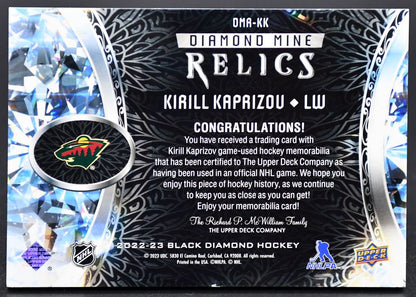 2022-23 UD Black Diamond Diamond Mine Relics Kirill Kaprizov DMR-KK Jersey