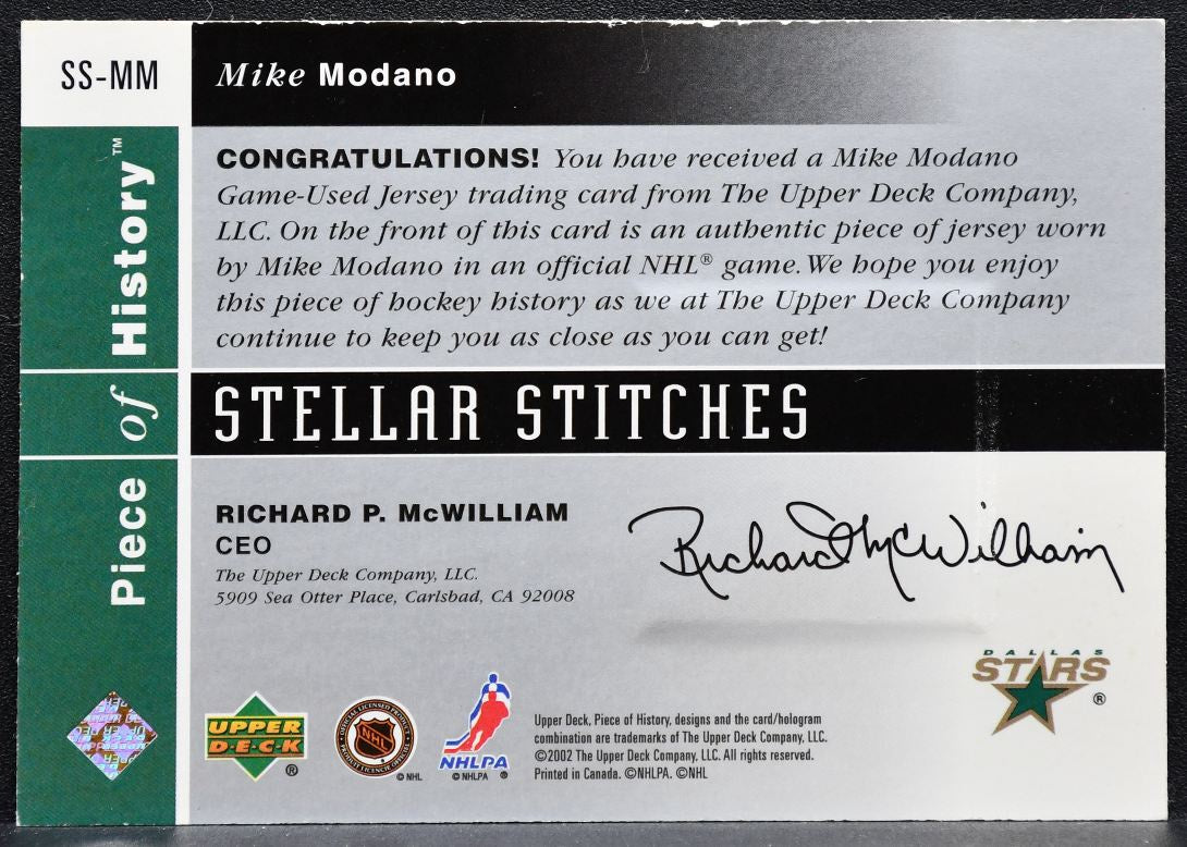 2002-03 UD Piece of History Stellar Stitches Mike Modano SS-MM Stars Jersey 2813