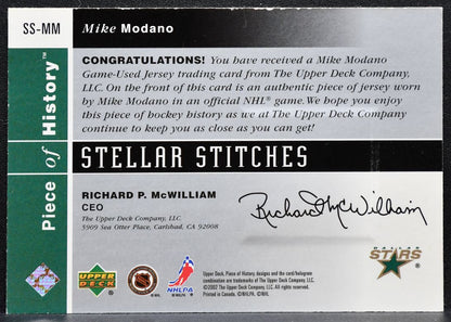 2002-03 UD Piece of History Stellar Stitches Mike Modano SS-MM Stars Jersey 2813