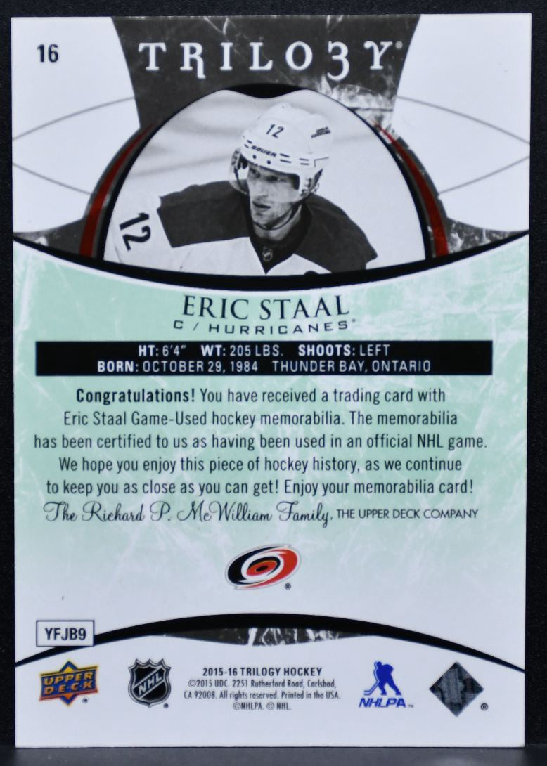 2015-16 Upper Deck Trilogy Green Foil Eric Staal Hurricanes 050/103 Jersey 7904