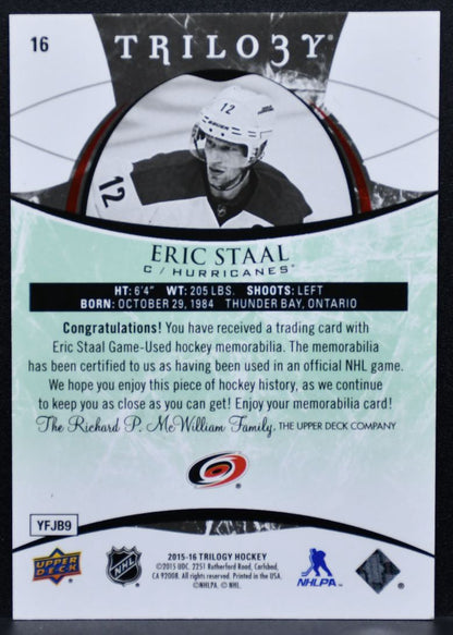 2015-16 Upper Deck Trilogy Green Foil Eric Staal Hurricanes 050/103 Jersey 7904