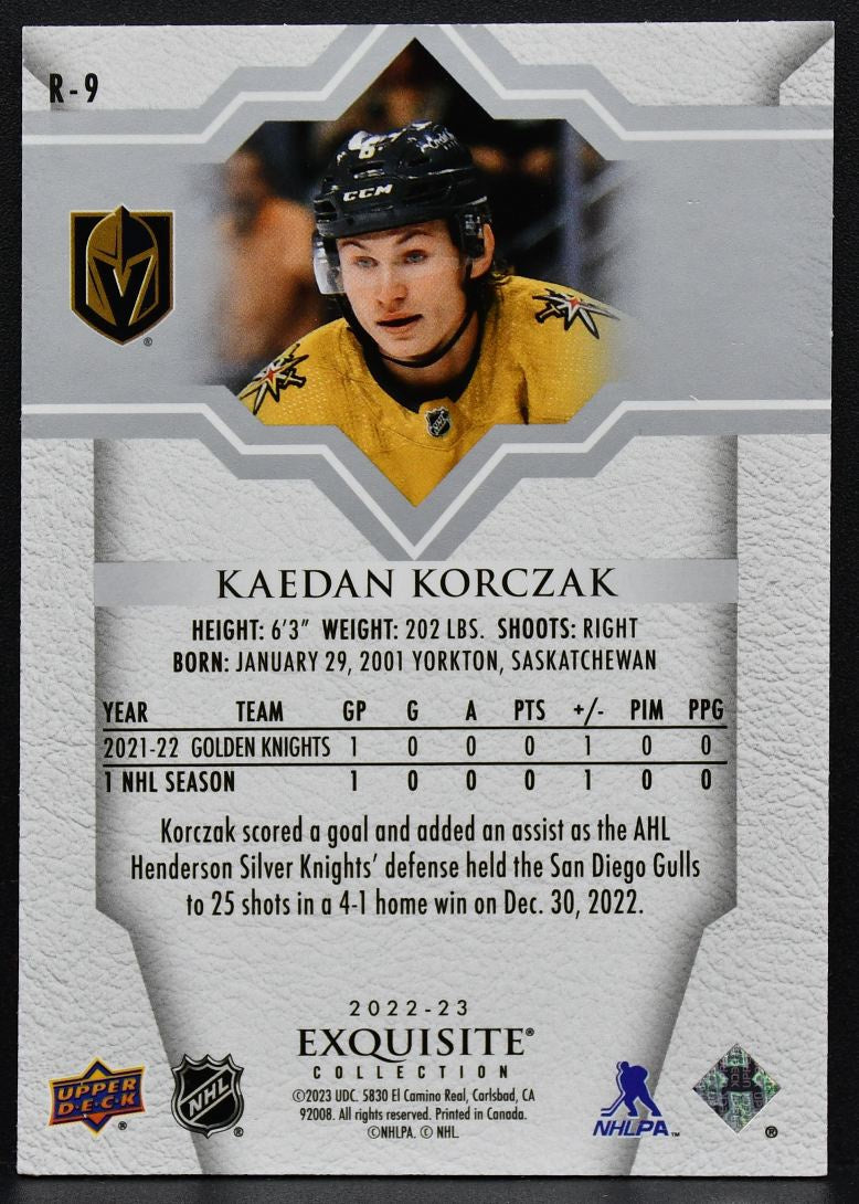 22-23 UD RC Exquisite Collection Kaedan Korczak R-9 Vegas Golden Knights RC /349 1855