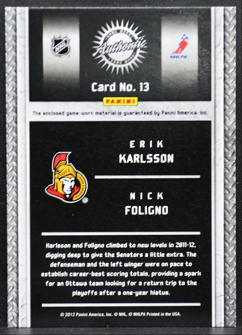 2011-12 Panini Titanium Game Worn Karlsson/Foligno 145/300 Jersey 8434