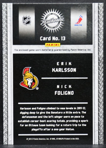 2011-12 Panini Titanium Game Worn Karlsson/Foligno 145/300 Jersey 8434