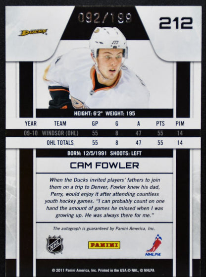 2010-11 Panini Zenith Auto Cam Fowler 212 Anaheim Ducks RC Auto 092/199 9236