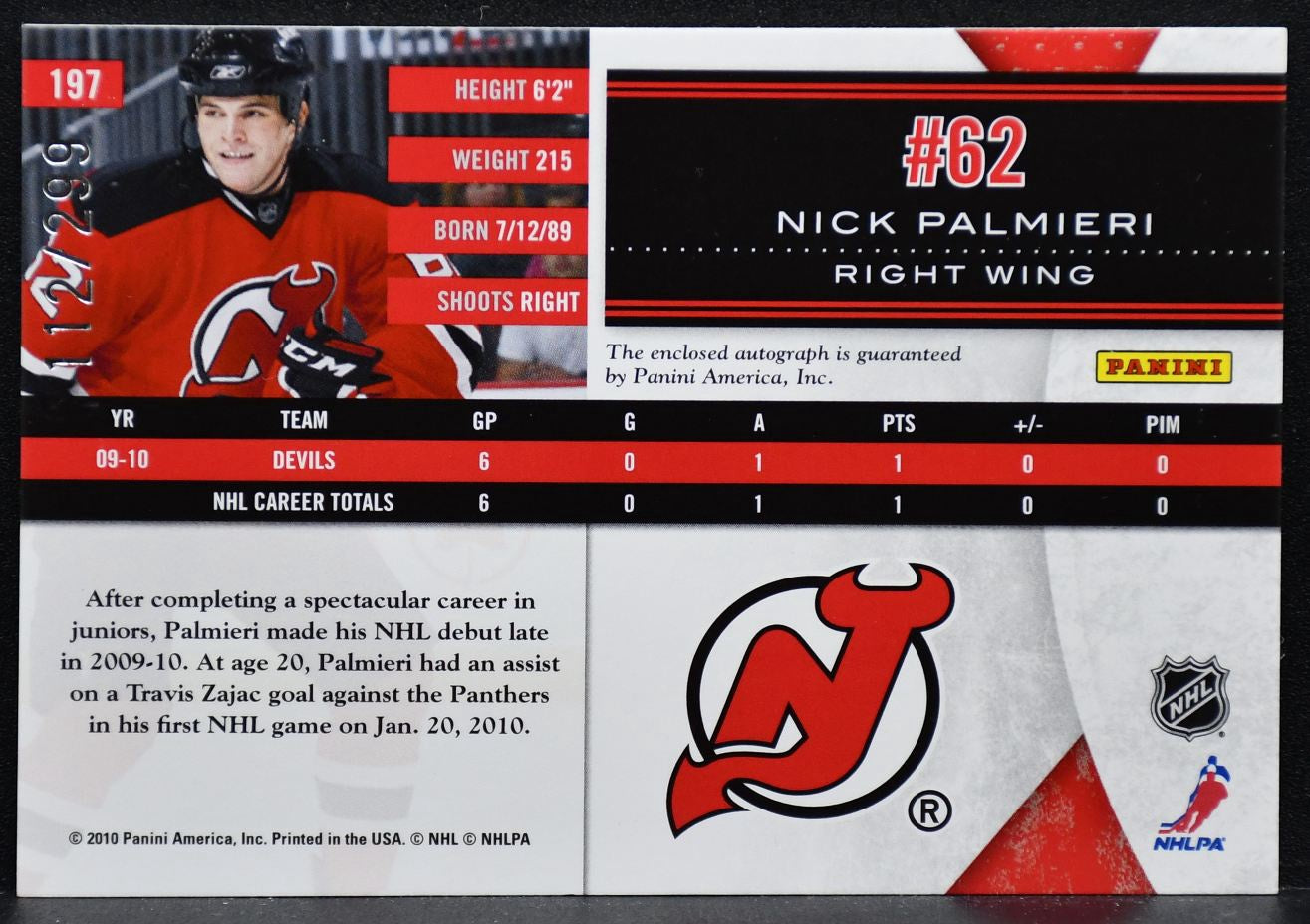 2010-11 Panini Limited Phenoms Auto Patch Nick Palmieri 197 RC Auto /299