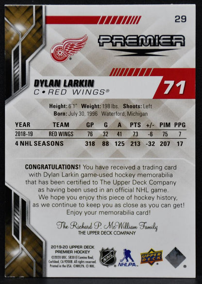 2019-20 Upper Deck Premier Gold Jersey Dylan Larkin 29 Detroit Red Wings Jersey 3187