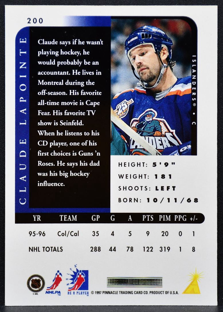 1996-97 Pinnacle Be a Player Autographs Claude Lapointe 200 Islanders Auto 2278