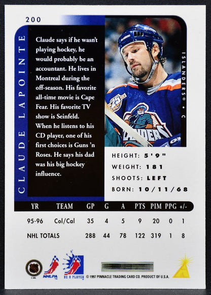 1996-97 Pinnacle Be a Player Autographs Claude Lapointe 200 Islanders Auto 2278