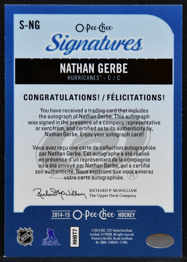 2014-15 O-Pee-Chee Signatures Nathan Gerbe S-NG Carolina Hurricanes Auto 5866