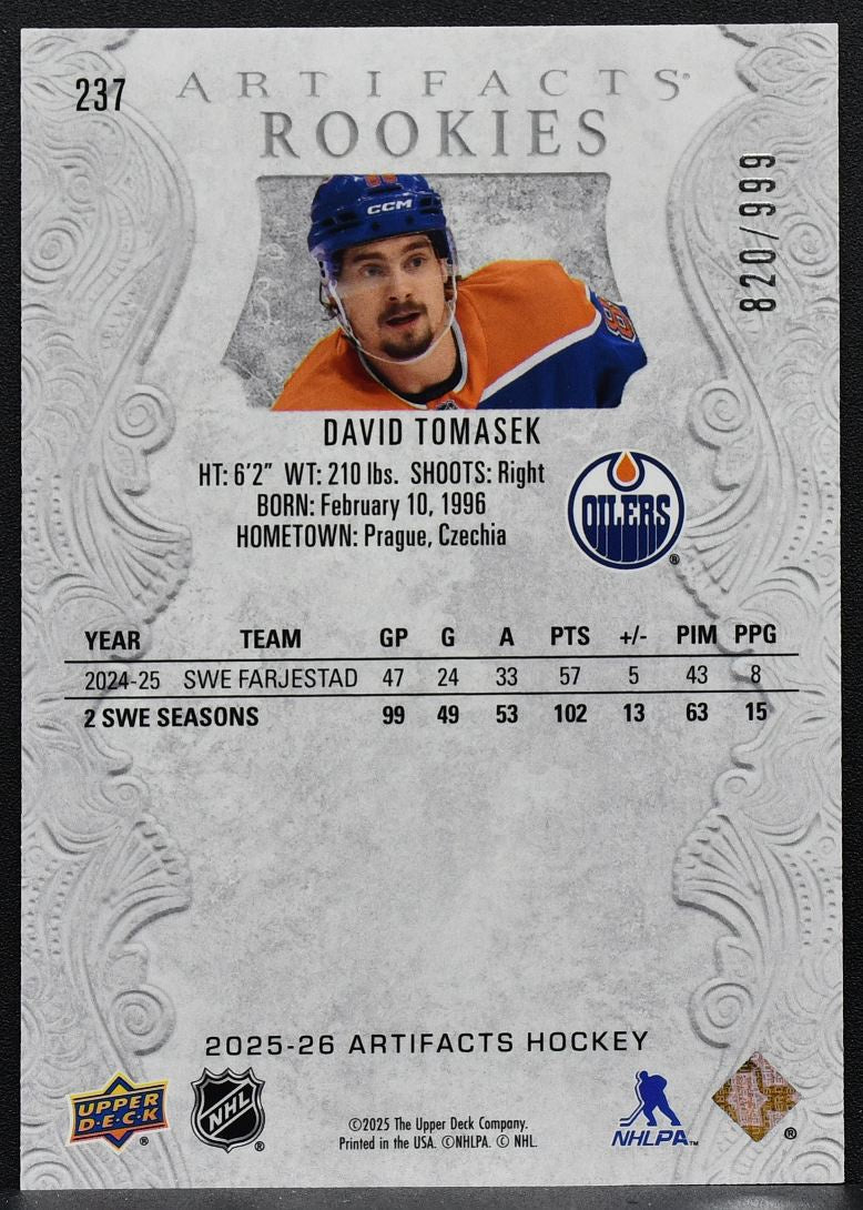 2025-26 Upper Deck Artifacts Rookies David Tomasek 237 RC 820/999 6674