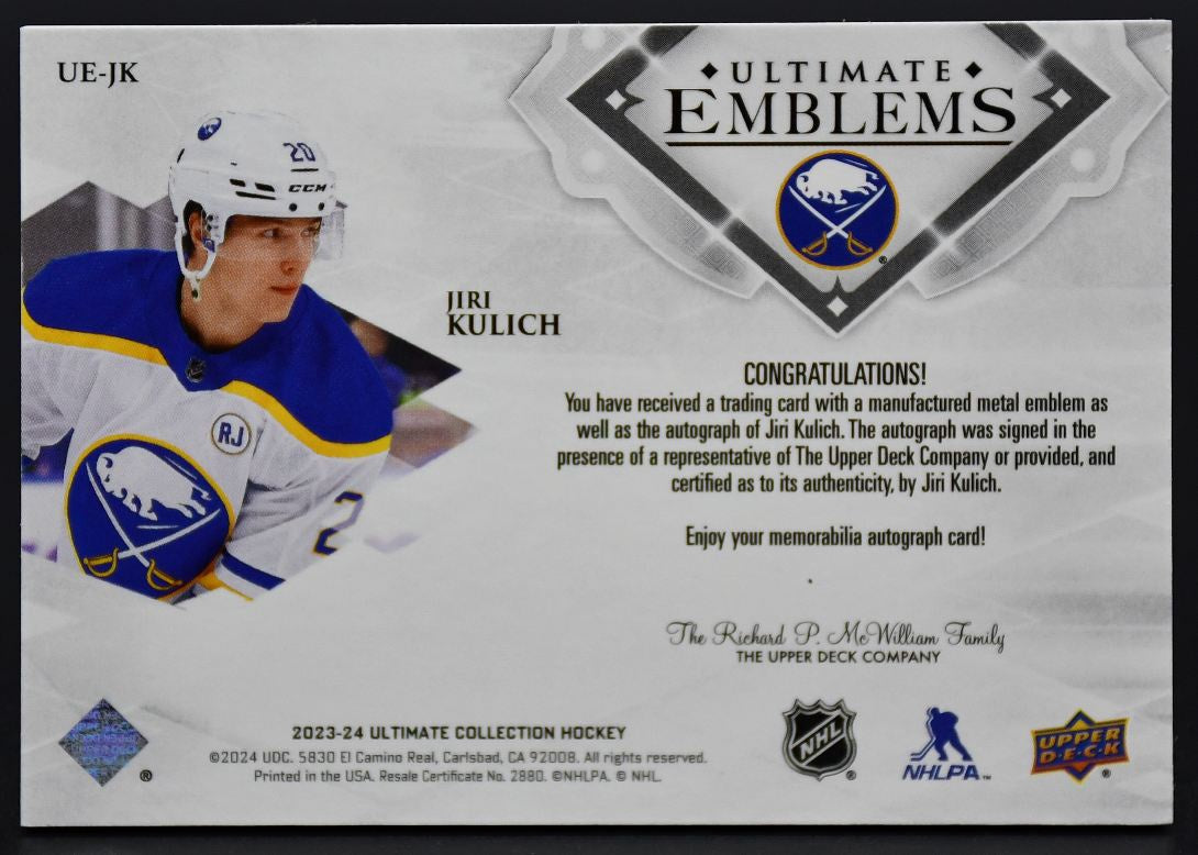 2023-24 UD Utimate Emblems Jiri Kulich 710 Buffalo Sabres RC Auto