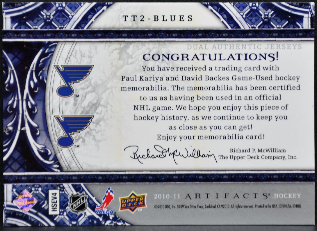 2010-11 UD Artifacts Tundra Tandems Jersey Silver Kariya/Backes /75 Jersey 1914