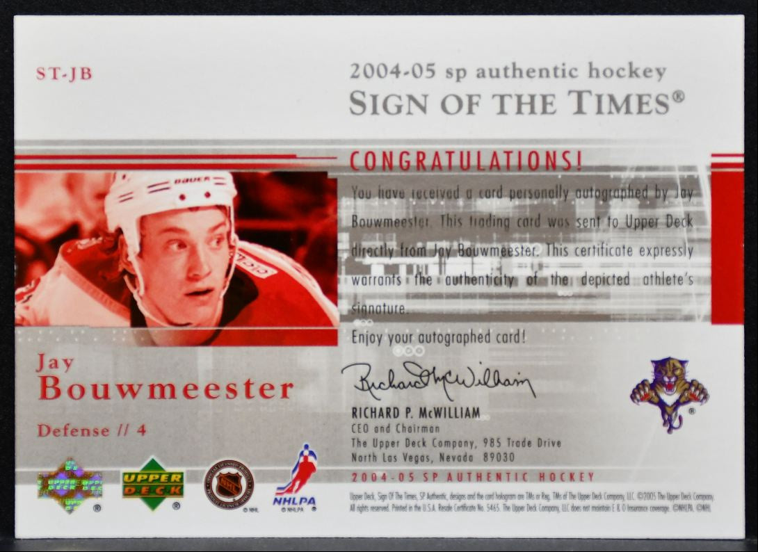 2004-05 SP Authentic Sign of the Times Jay Bouwmeester ST-JB Panthers Auto 9588