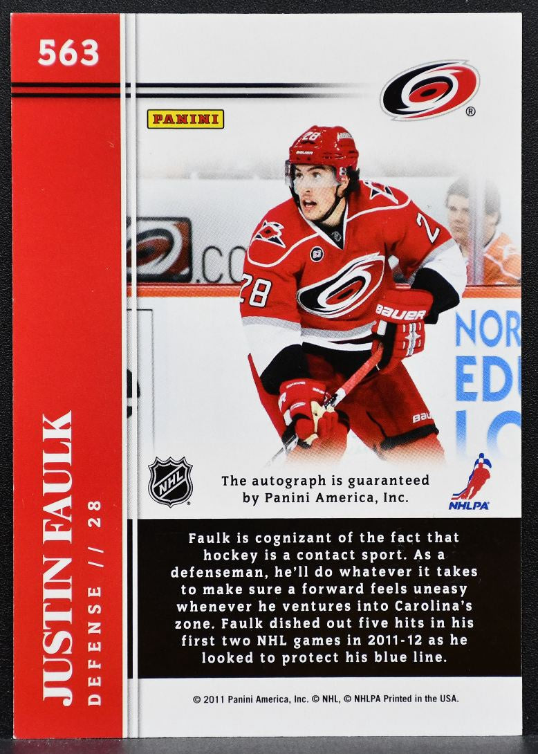 2011-12 Score Hot Rookies Signatures Justin Faulk 563 Hurricanes RC Auto 9855