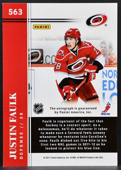 2011-12 Score Hot Rookies Signatures Justin Faulk 563 Hurricanes RC Auto 9855